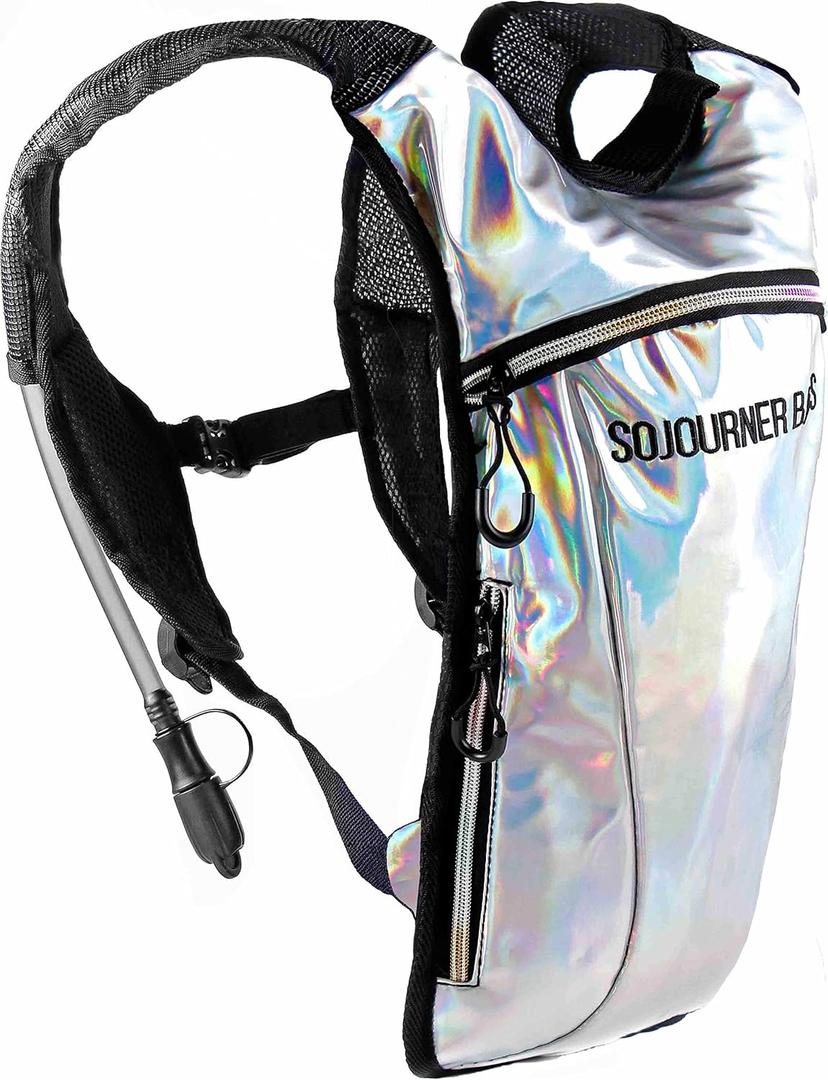 Sojourner Rave Hydration Pack - Hydration Backpack - Hydropack with 2L Bladder - Water Backpack for Festivals, Hiking, Running, Biking and More (One Size, Holographic - Silver)