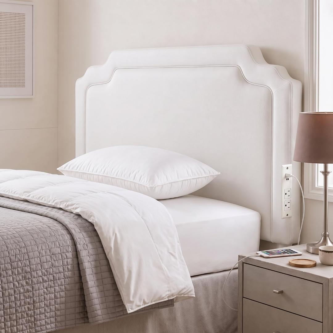 Leinuosen Dorm Twin Headboard with 2 Outlets White Leather Minimalist