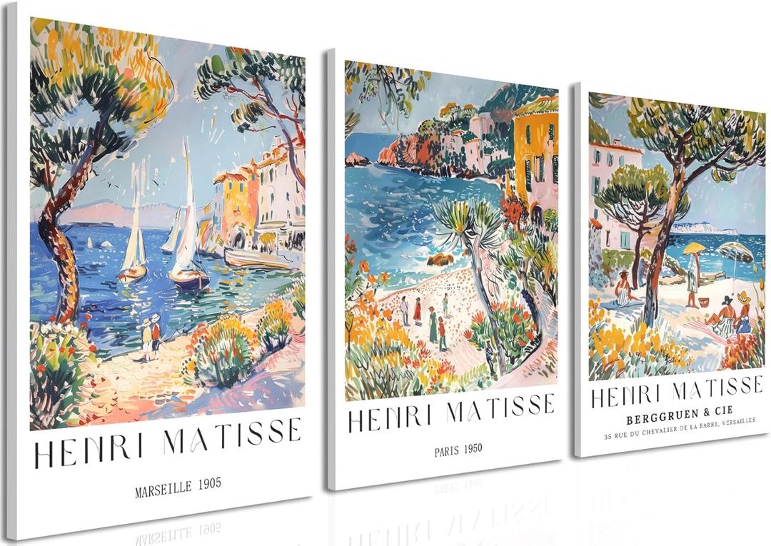 Henri Matisse Beach Wall Art Vintage Coastal Landscape Wall Decor Painting, Amalfi Coast Poster Canvas Prints Aesthetic for Bedroom Living Room 12x16 inch Framed