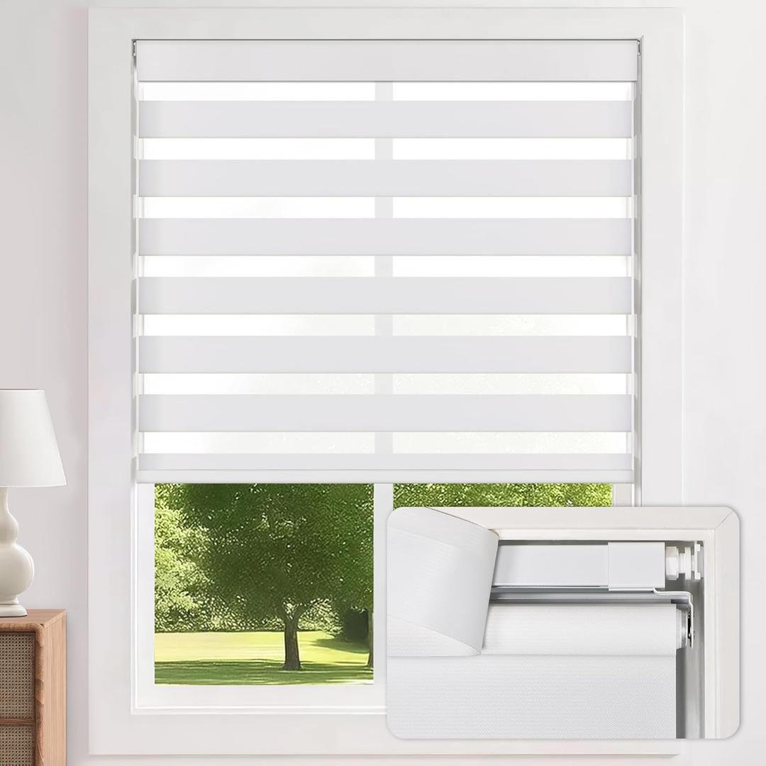 LazBlinds No-Drill Cordless Zebra Blinds - Dual Layer Light Filtering & Room Darkening, Free-Stop Lift, Easy Install, Day & Night Privacy with Valance for Window 33" W x 72" H, White