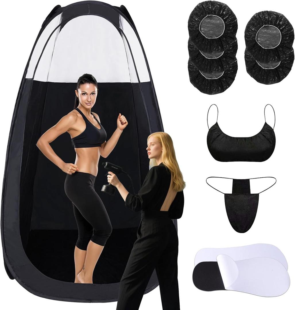Large Spray Tan Tent Kit, Deluxe Pop Up Portable Professional Self Tanning Tent with Carry Bag Waterproof Floor, Sunless Spray Tan Booth with Vent Opening (Black)
