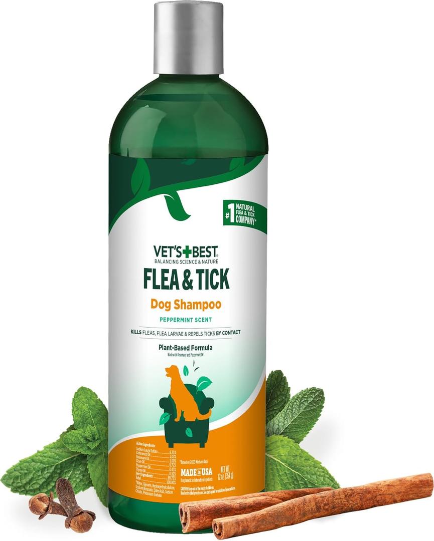 Vets Best Flea and Tick Shampoo for Dogs  Advanced Strength Plant-Based Formula for Flea Treatment and Prevention, Natural Flea Bath and Tick Control, Vet Recommended, Made in USA, 12 oz