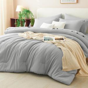 CozyLux Queen Comforter Set Light Grey, 7 Pieces Bed in a Bag Queen Comforter Set with Sheets, Light Gray Luxury Bed Sets with Down Alternative Comforter, Fitted Sheet, Flat Sheet, Pillowcases & Shams