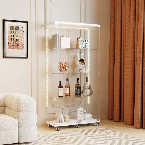 Zevemomo Tempered Glass Display Cabinet with Light Strip, 4-Tier Curio Cabinet with Glass Doors Wheels Locks, Glass Display Case for Collectibles for Living Room, Bedroom, Office, White, Double Door