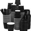 NYHI Pack of 100 10 oz Black Paper Cups with Black Lids Straws Coffee Cups Disposable BPA Free Insulated Ripple Kraft Paper Cups To go Cups for Hot or Cold Drinks Office Home Canteen Party Travel