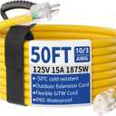50ft Outdoor/Indoor Extension Cord with Lighted 10/3 Gauge Ultra 3 Prong Heavy Duty SJTW, Waterproof, Flexible Cold-Resistant,15A 125V 1875W, Yellow