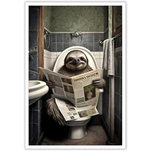 KOEUIRW Funny Sloth Bathroom Canvas Wall Art Cute Sloth In Toilet Posters Black and White Animal Prints Painting Maximalist Mid Century Modern Aesthetic Wall Decor for 12x16in Unframed