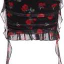 Verdusa Women's Floral Mesh Micro Mini Skirts Ruched High Waist Bodycon Ruffle Skirt (Black, L)