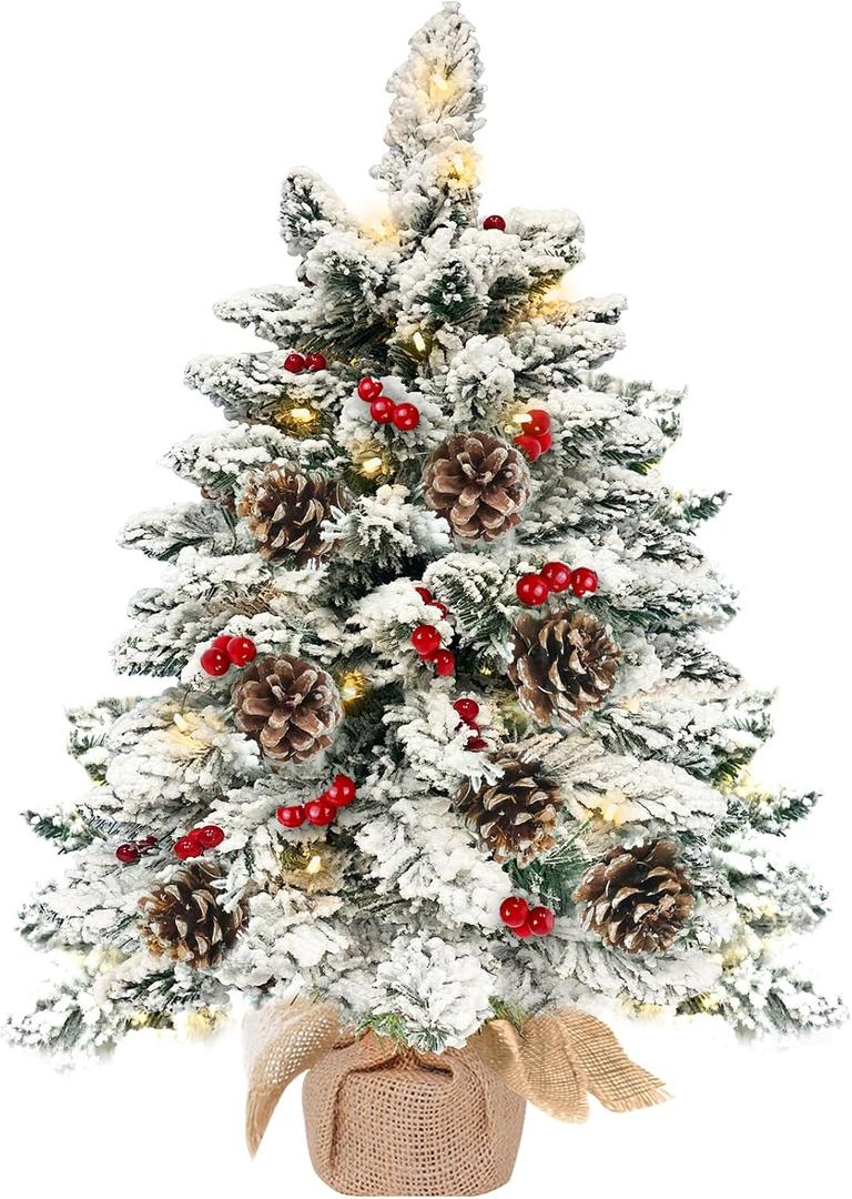 24 Inch Snow Flocked Mini Christmas Tree with 40 Warm Lights Timer, 2Ft Small Tabletop Christmas Tree Battery Operated 42 Red Berry Pinecone Burlap Base Xmas Tree Indoor Home Table Fireplace Decor