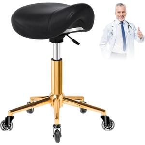 Saddle Stool with Wheels Ergonomic - Thick Wide Saddle Cushion, Healthy Posture No Pain, Easy to Adjust, Smooth Rolling No Creaky Noises, Rolling Swivel Saddle Stool Chair for Salon Massage (Black)