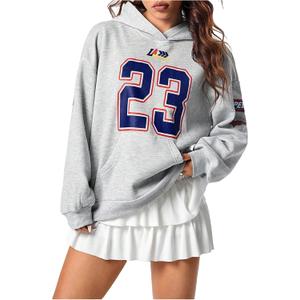 SOLY HUX Hoodies for Women Number Graphic Hooded Sweatshirt Drop Shoulder Long Sleeve Y2k Pullover Tops, Grey Letter, X-Small