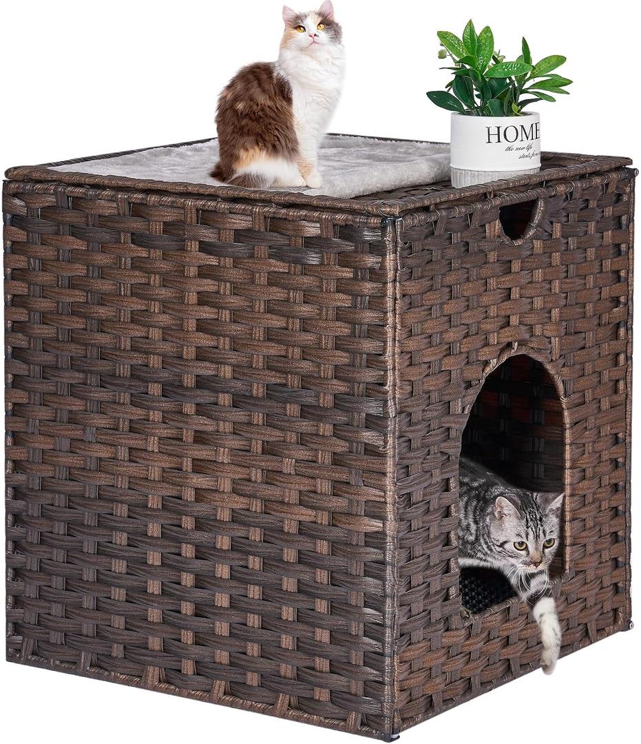 Cat Litter Box Enclosure, Hidden Litter Box Furniture with Litter Mat Space Saving Design, Side Entry Design, Removable Top for Easy Cleaning, Easy Assembly, Side Grip Cutouts for Easy Moving, Brown, 18.2'' L x 18.2'' W x 20.5'' H