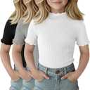 3 Pack Girls Shirts Short Sleeve Mock Turtleneck Cotton Cute Lettuce Trim Summer Tops 5-14Y Kids Clothes