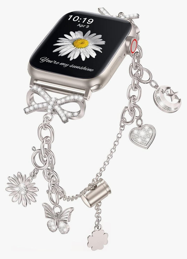 Minyee Compatible with Apple Watch Band 41/40/38/44/45/46/49/42mm Women, Dressy Stainless Steel Metal Diamond Bling Jewelry Bracelet with Cute Charm for iWatch Series 11 10 9 8 7 6 5 4 SE/Ultra 3 2 1