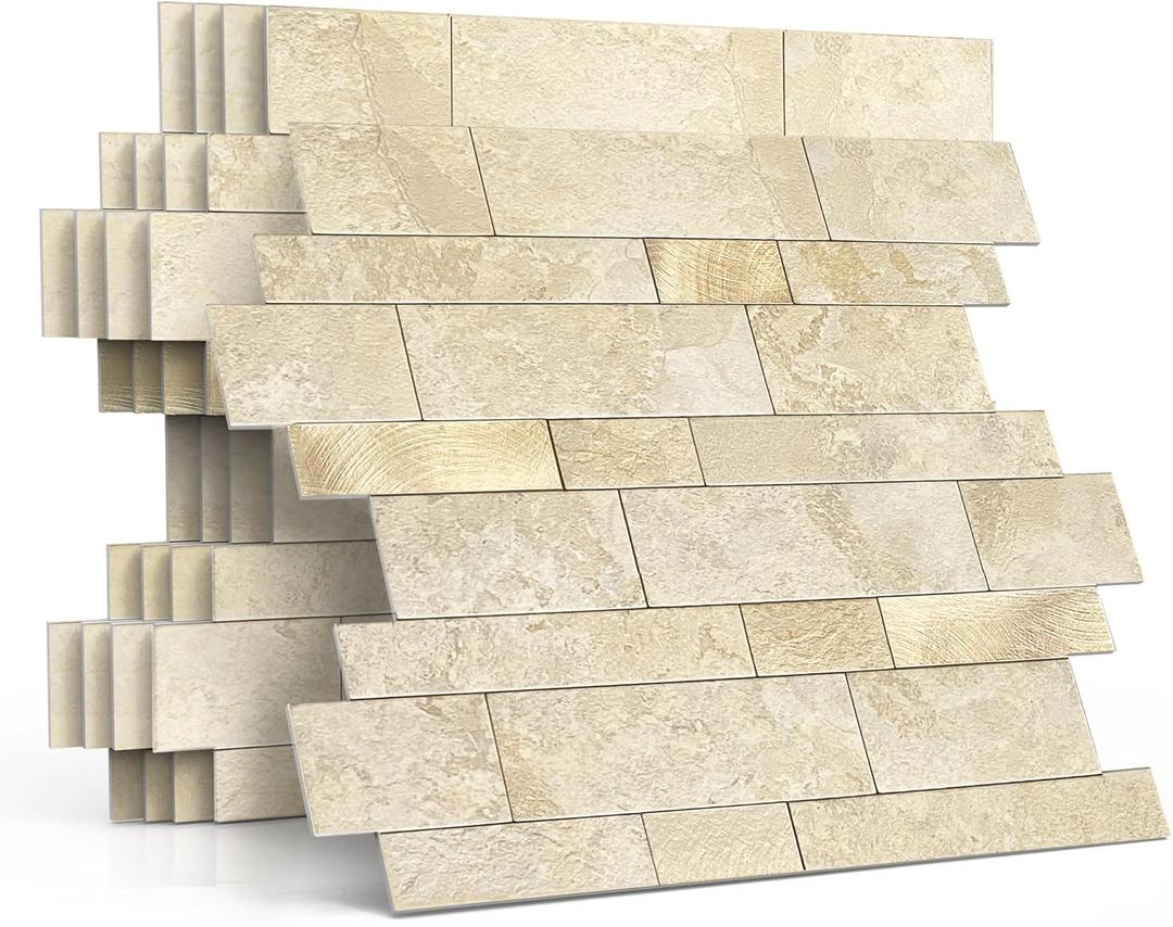 Backsplash Tile for Kitchen Peel and Stick Stone Matte Finish,Bathroom Tiles Stickers 3D Wall Panel Linear Mosaic Marble Backsplash Waterproof(10sheets,Beige Gold)