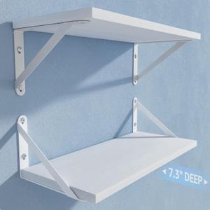 COCOYA Wall Shelves 7.3" Deep Set of 2, Solid Paulownia Wood Wider Longer Sturdy Easy to Install Wall Mounted Bookshelves Storage Shelves Bathroom Storage Office Laundry Room Bedroom Organizer White