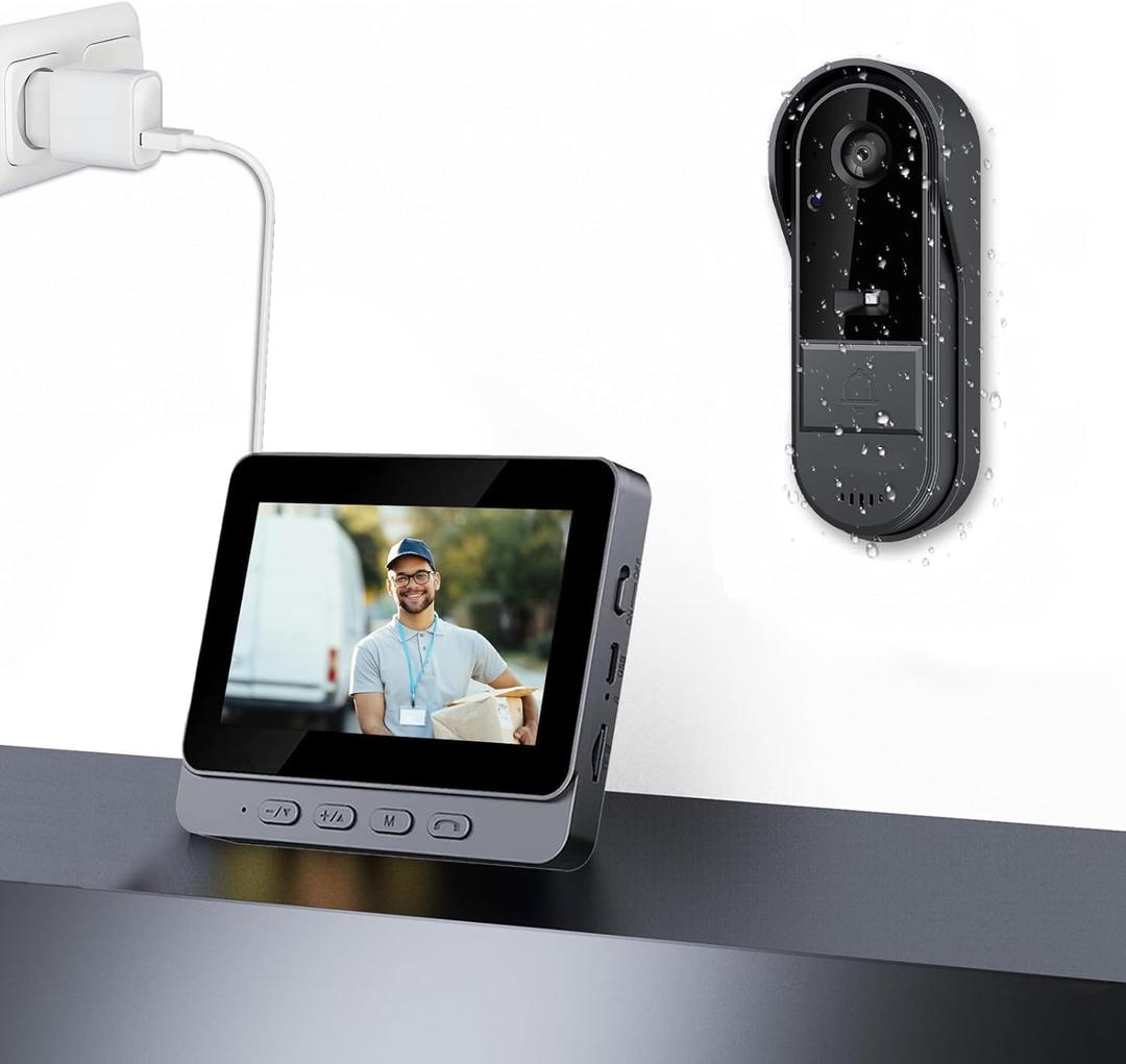 Winnes Doorbell Camera Wireless No Subscription Video Doorbell with Camera 1080P with Screen,Two-Way Audio,170 Angle,Night Vision,IP65 Waterproof for Outdoor,No APP,No WiFi,Easy to Use for Elder