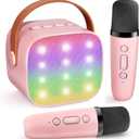 Mini Karaoke Machine Kids Microphone, Haomuren Portable Bluetooth Karaoke Speaker with 2 Wireless Microphones and LED Lights, Christmas Birthday Party Gifts for Kids & Adults (K1-Pink)