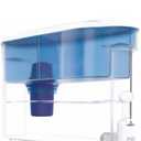 PUR PLUS 30-Cup Water Filter Dispenser in the "Color Classic Blue". It is a large-capacity water filtration system designed for household use.