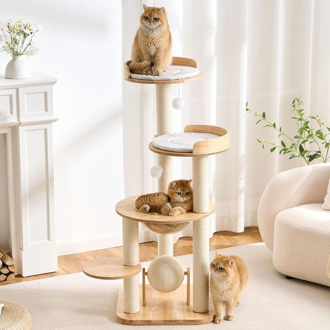 797Audio Modern Solid Wood Cat Tree Tower, 49" Tall Cat Tree with Sisal Scratching Posts for Adult Cats, Luxury Natural Oak Wooden Cat Tower,Aesthetic Multi-Level Cat Climbing Tree for Indoor Cat