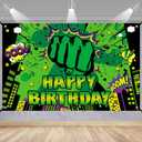 Green Super Hero Happy Backdrop for Birthday Party, 5x3ft Cityscape Hero Skyline Buildings Boom Photography Background Baby Shower Boy Kids Party Decorations Photo Props