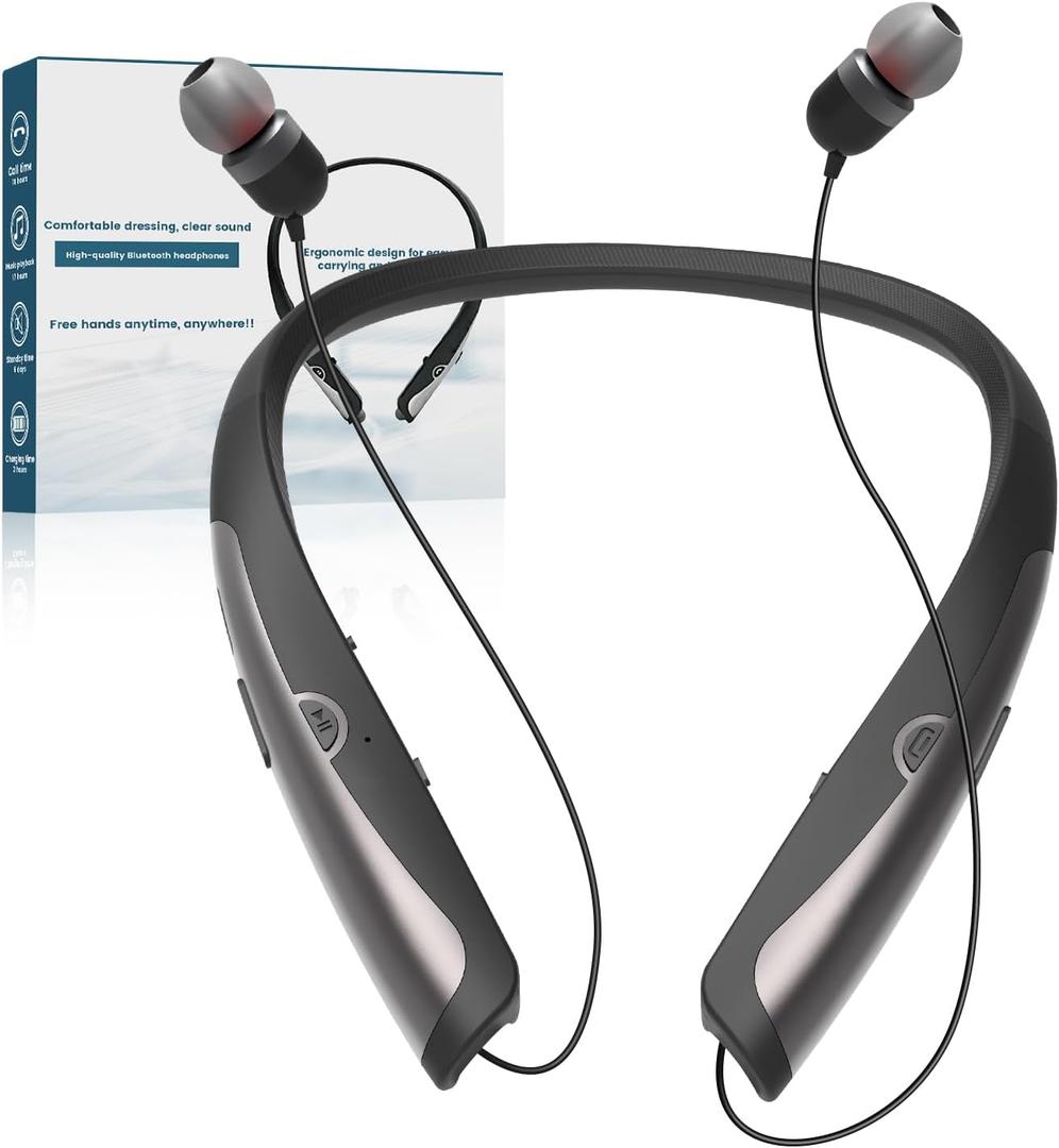 Tyxmere Bluetooth 5.3 Neckband Bluetooth Headphone, Sweat Resistant Noise Cancelling Stereo Headphones, and Retractable Ear Tips for Music, Conference, Videos（Bright Black）