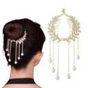 Rannyrena Pearls Tassel Rhinestone Ponytail Claw Clip for Women Crystal Bow Ponytail Bauckle Buns Hair Holder Sparkling Metal Hair Bun Accessories (Gold Ear of Wheat)