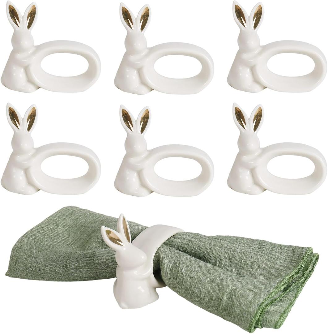 Ceramic Bunny Napkin Rings Set of 6, White Easter Rabbit Napkin Holder Ring with Gold Ear for Easter Day, Spring, Wedding, Party, Family Gathering, Dinner Table Decoration