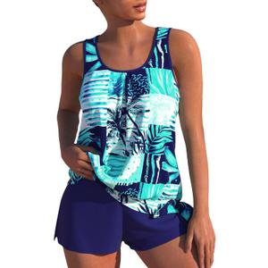 Modlily Modest Two Piece Tankini Swimsuits, Tropical Plants Print Bathing Suits, Casual Tank Top with Board Shorts XL