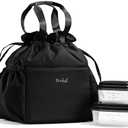 Fit & Fresh Cromwell Drawstring Lunch Bag for Women, Complete Lunch Set with 2 Containers, Stain-Resistant, Leak-Resistant, Back to School Essential, Teacher Lunchbox, Black