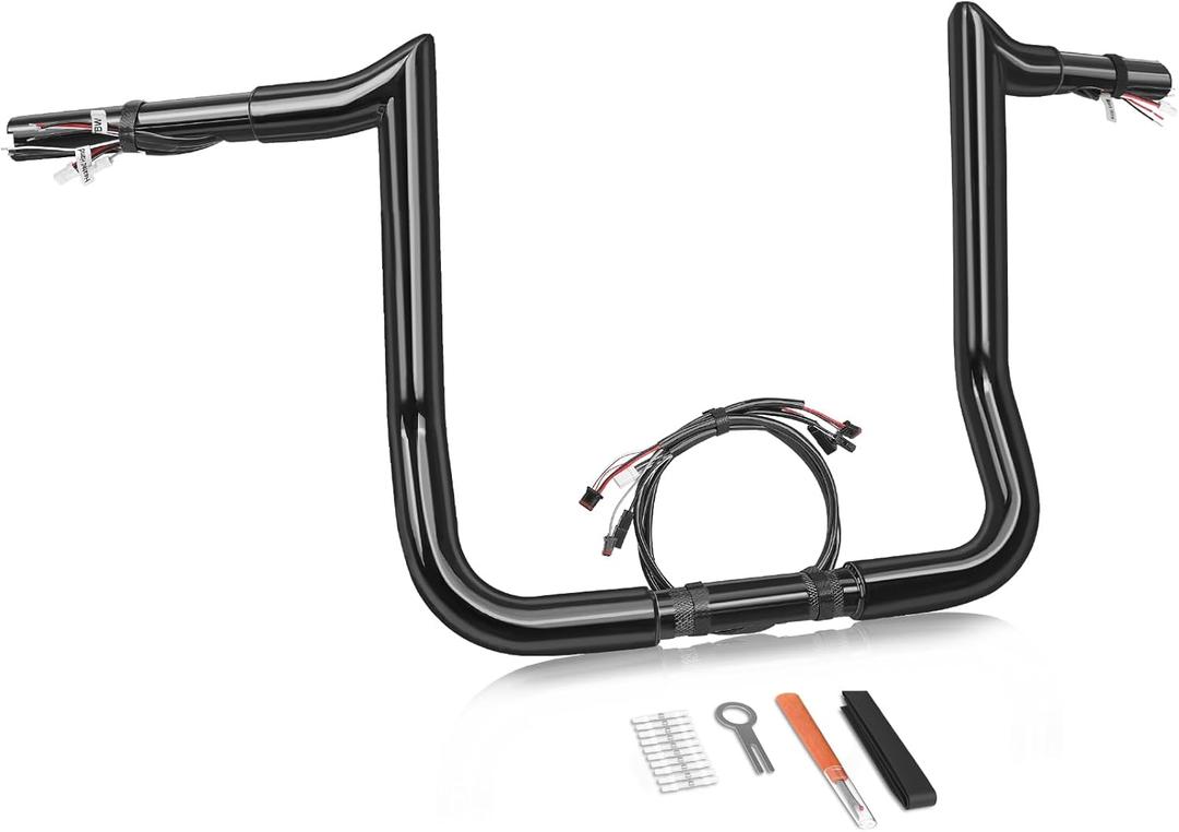 14" Rise Pre-Wired Handlebars Ape Hangers 1 1/4" Fat 1" Clamp Meathook Monkey Bar Gloss Black Fit for Harley Touring Miter Cut 2013 Cvo 2016-2023 Street Glide Electra Glide Ultra Limited 14" Rise Pre-Wired Handlebars Ape Hangers 1 1/4" Fat 1" Clamp Meathook Monkey Bar Gloss Black Fit for Harley Touring Miter Cut 2013 Cvo 2016-2023 Street Glide Electra Glide Ultra Limited
