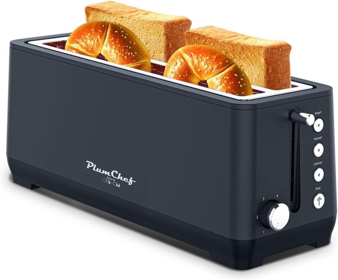 Plum chef 4-Slice Toaster, Extra Wide Long SIot Toaster, 6 Browning Settings, Bagel/Defrost/Reheat Functions, Removable Crumb Tray, Stainless Steel Housing 135oW (Black)