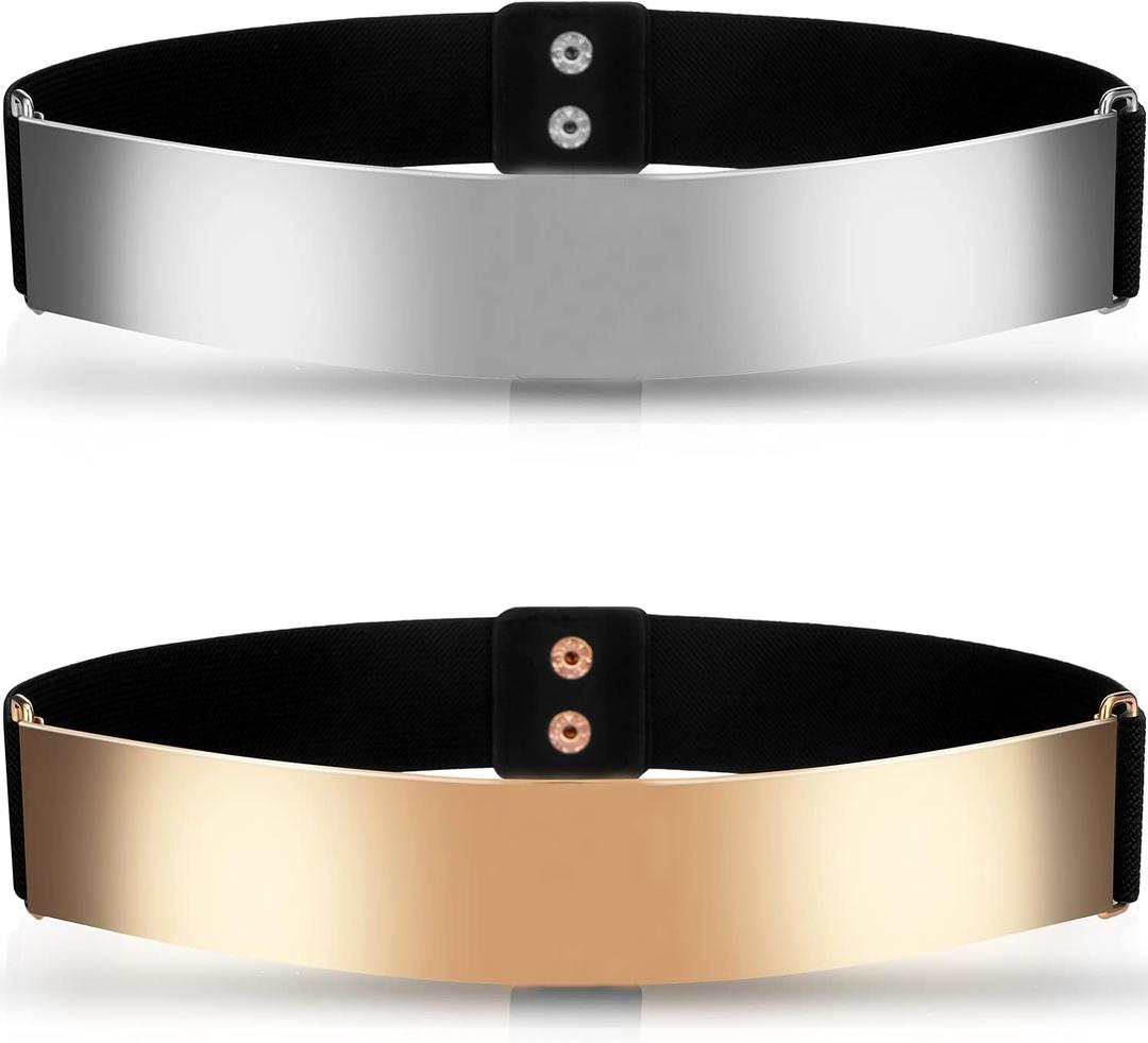Chuangdi 2 Pcs Mirror Belt for Women Metal Waist Belt Shiny Polished Gold Silver Mirror Stretch for Dress Fashion