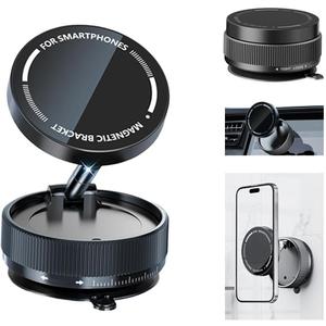 Vacuum Suction Magnetic Car Phone Holder Mount Fit All Phones,Adjustable Phone Holders for Your Car,Mechanical Knob No Need Charging,Metal Ring Stick Outside if Case Non-Magnetic (Black)