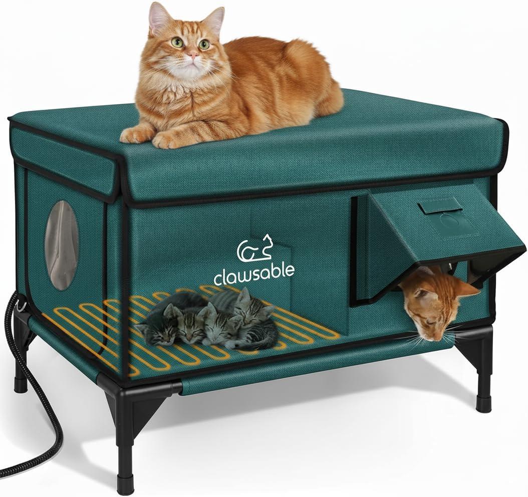 Indestructible Heated Cat House for Outside Winter, 100% Waterproof, Safe Escape Door, Insulated Outdoor Cat Shelter with Heater for Feral Barn Cat Kitty (Forest Green, 27"x17"x18")