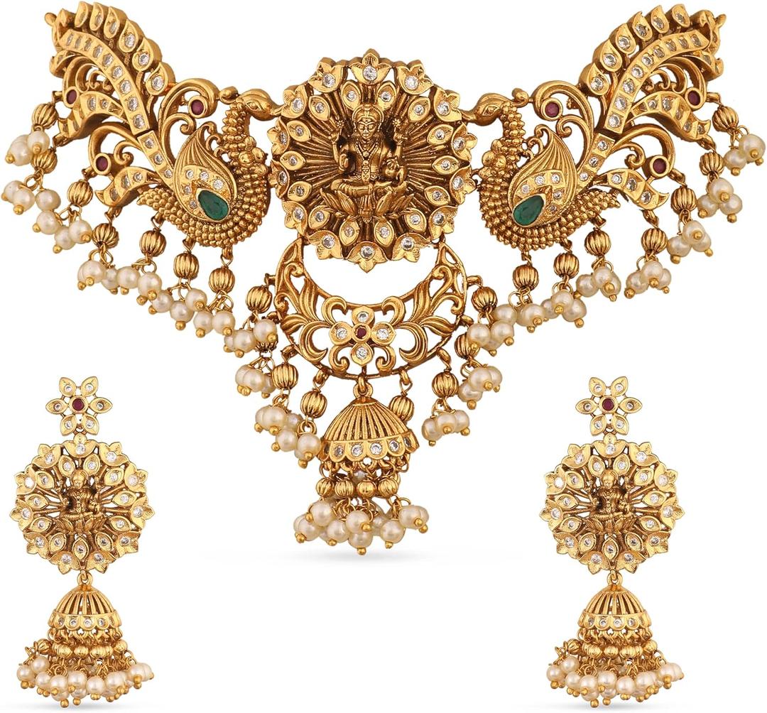 TARINIKA Brass Indian Choker Necklace Set - Gold Plated Cubic Zirconia Indian Jewelry Sets for Women Dangle, Drop, Jhumka Earrings Traditional Desi Necklace Pearls Gift for her