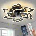 38" Black Geometric Ceiling Fan with Lights, 6 Speeds Flower Low Profile Flush Mount Ceiling Fan for Living Room