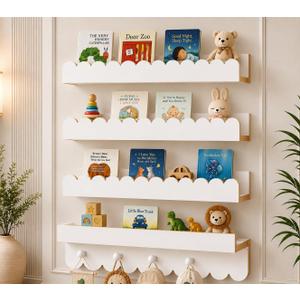 Nursery Book Shelves, 4 Pack White Floating Shelves for Wall Kids, Wall Book Shelves, Scalloped Shelves for Bedroom Kids, Toddler Room, Baby Room, Scalloped Wall Shelf, 16.5 x 2 x 4.7 inches