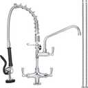 21" Height Commercial Sink Faucet Deck Mount with Pre-Rinse Sprayer, Commercial Kitchen Faucet with 8" Add-on Swing Spout Faucet & Spring Pull Down Sprayer, 8" Adjustable Center Kitchen Faucet