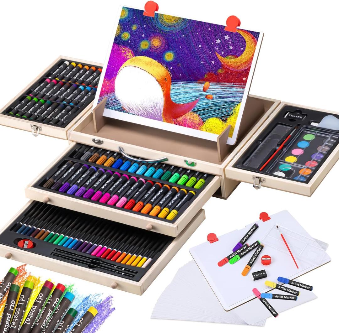 Art Supplies, Wooden Art Set Crafts Kit with Drawing Easel, Deluxe Kids Art Set, Oil Pastels, Colored Pencils, Watercolor Cakes, Creative Gift for Kids, Teens, Beginners Girls Boys (Natural)