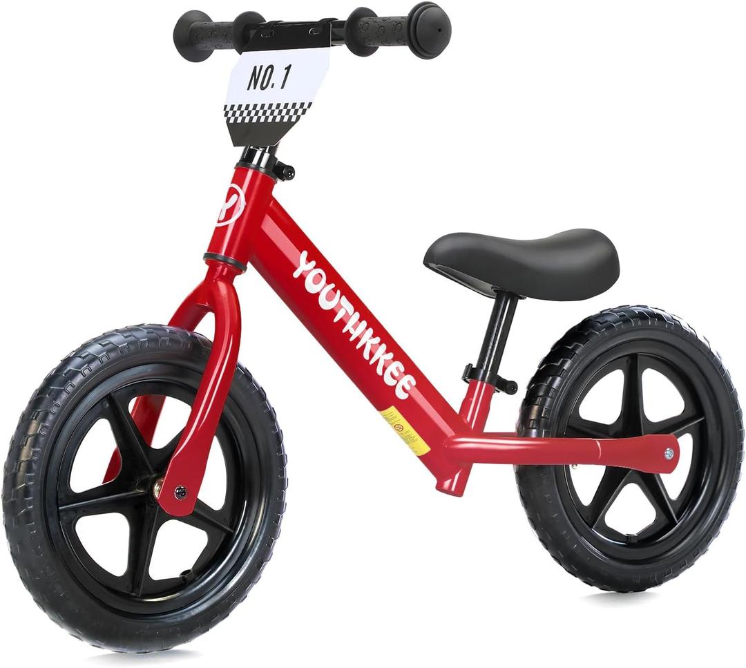 12 Inch Toddler Balance Bike for 1-3 Year Olds, No-Pedal Bike with Tool-Free Adjustable Seat, Quick Assembly, Gift for 1-3 Year Old Boys & Girls with Customizable Plate (KC, Red)