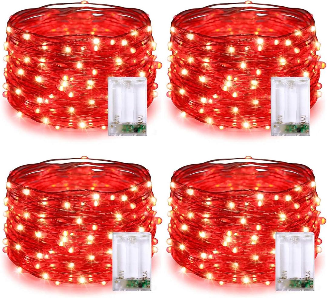 JMEXSUSS 4 Pack 50 LED Red Fairy Lights Battery Operated, 16.1ft Christmas Fairy Lights, Red String Lights for Bedroom Wedding Party Holiday Decorations