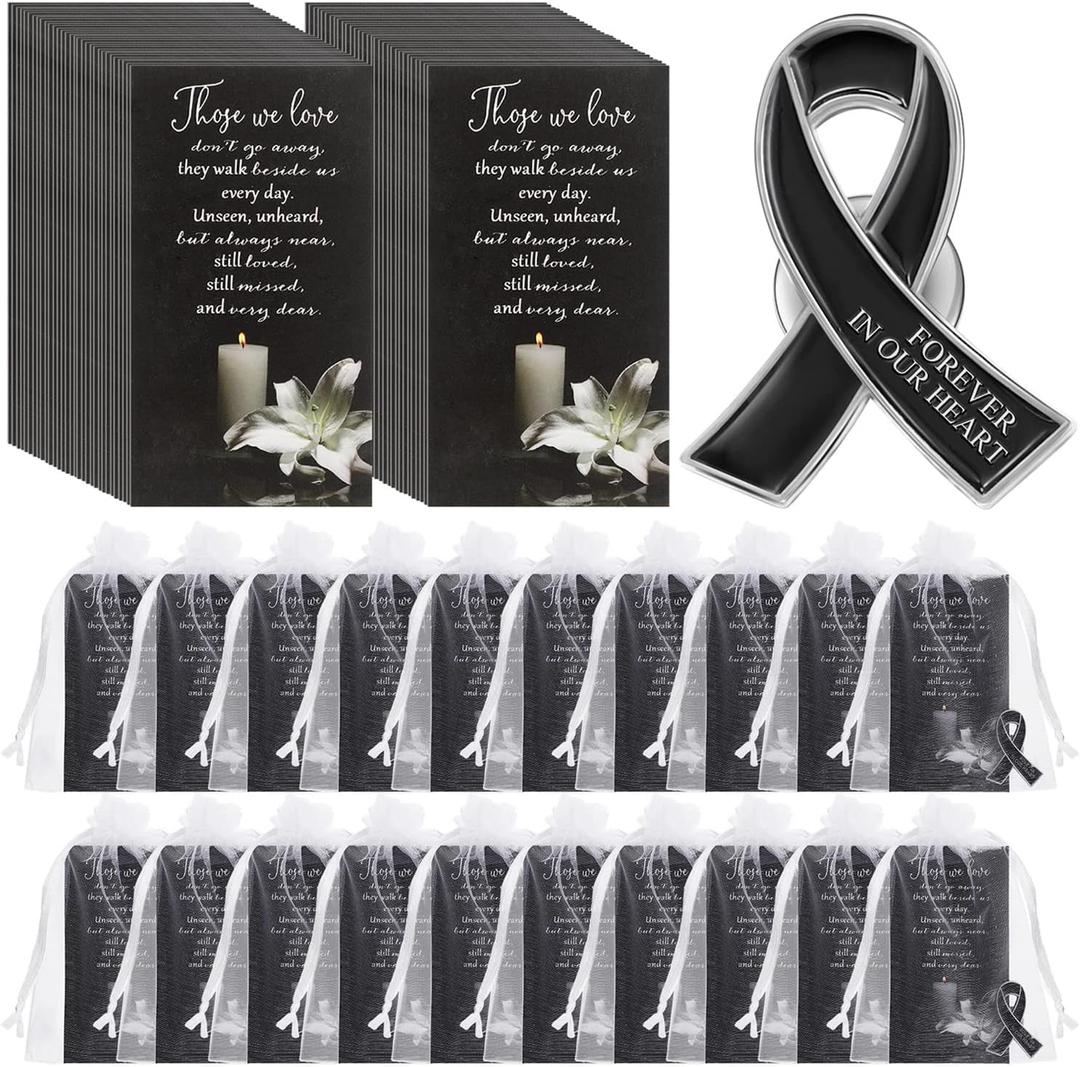 Unittype 30 Set Funeral Ribbon Pins for Mourning Brooch Memorial Lapel Awareness Pin Prayer Cards Organza Bags for Funeral Favors
