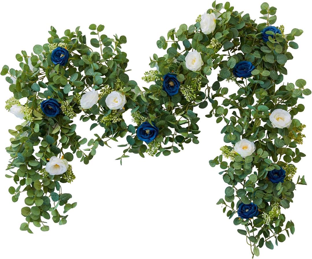 PARTY JOY 6.56ft Eucalyptus Garland with Flowers-8 Blue White Roses, Artificial Fake Flowers Greenery Garland Floral Vines for Decoration Party Wedding Table Indoor Outdoor Backdrop Wall Decor (1PC)