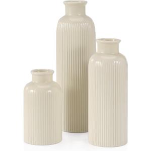 Small Beige Ceramic Vase Set of 2, Boho Modern Beige Flower Vase Room Decor, Farmhouse Decor, Vases for Your Kitchen, Bathroom, Bedroom, Living Room, Office&Shelf Centerpiece Table Decorations