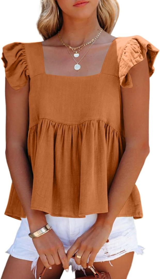 LYANER Women's Summer Sleeveless Peplum Blouse Square Neck Ruffle Strap Babydoll Tank Top (Pumpkin Orange) L