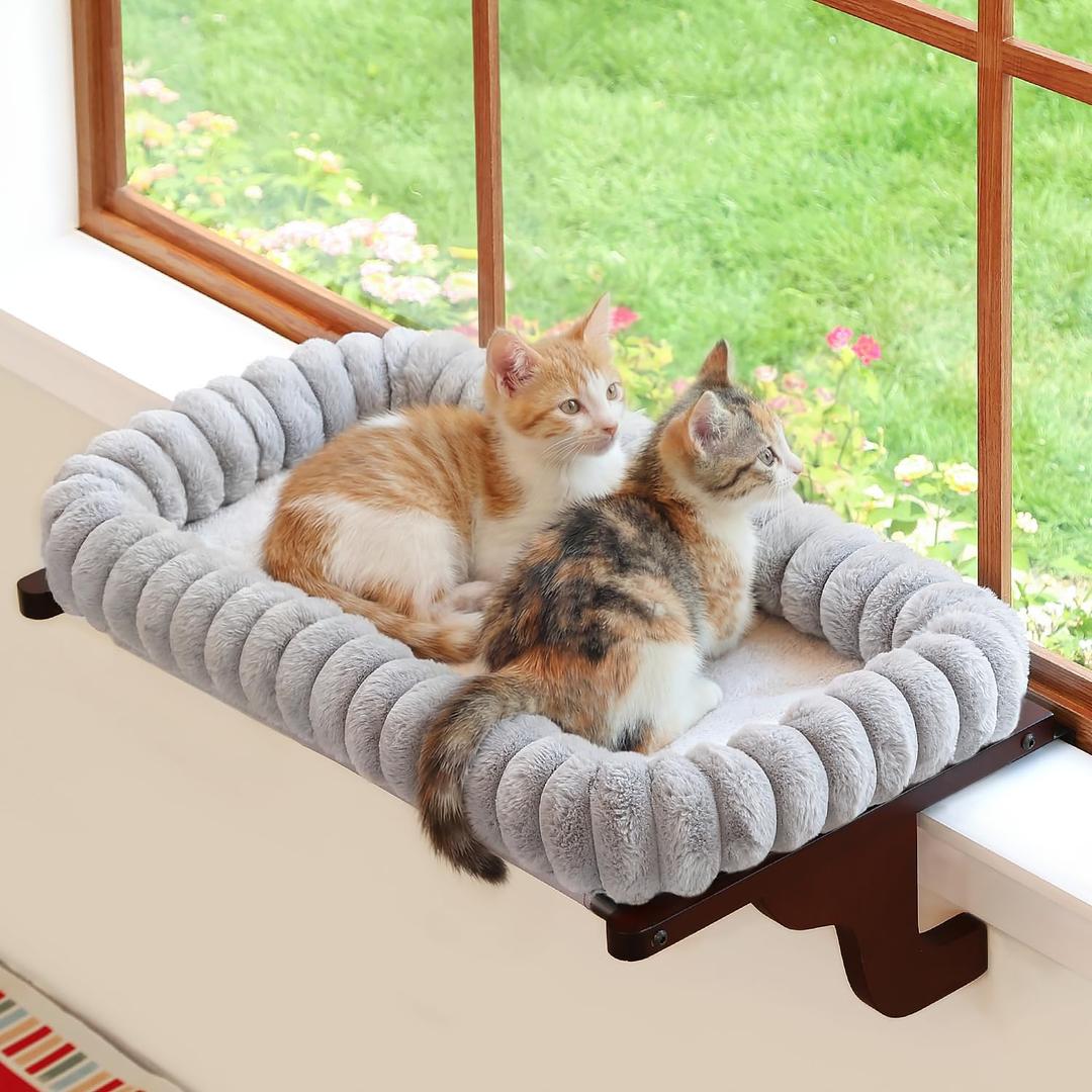 Zakkart SnugCloud Cat Window Perch with 4-Sided Bolster - Large Cat Hammock for Window Sill - Solid Hardwood & Metal Frame - Window Seat for Pets (Dark Stained Wood w/Gray Bed, Large) (25"x15")