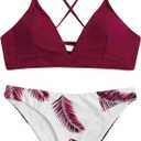 Bikini Girl Print Random Push-up Set Beachwear Padded Floral Women Swimsuit Bikini Swimwear Swim wears Tankinis Set Swimsuit Thong, Wine-1 , Size small