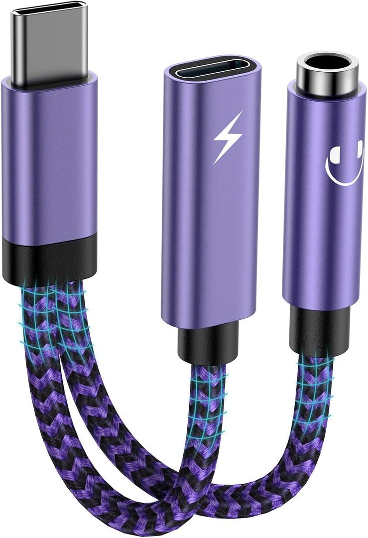 USB C to 3.5mm Headphone and Charger Adapter, 2 in 1 USB C to Aux Audio Jack Adapter Fast Charging Dongle Cable Cord for Samsung Galaxy A56/A16/S25 Ultra/S25+/S25/Z Flip6/A55/A35/S24 Ultra/S23/A15/A14 (purple)