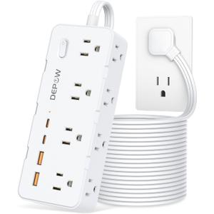 DEPOW Power Strips with Surge Protection, 10 FT Braided Extension Cord with Multiple Outlets-8 AC Outlets 4 USB Ports (2 USB C), 1700 Joule Surge Protector with Flag Plug for Home Office, White